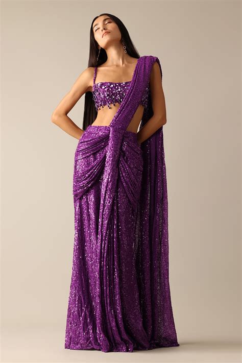 Buy Purple Lycra Embroidered Sequins Bertha Pre Pleated Saree With