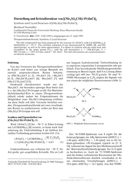 PDF Darstellung Und Kristallstruktur Von Me3Si 2CH I Pr InCl 2