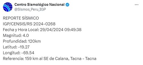 Temblor En Tacna Hoy Lunes 29 De Abril Igp Reportó Sismo De 40 De Magnitud Tvperú