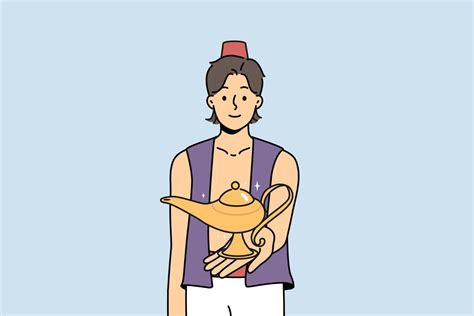 Smiling Aladdin holding wonderful lamp in hands. Happy male genie with ...