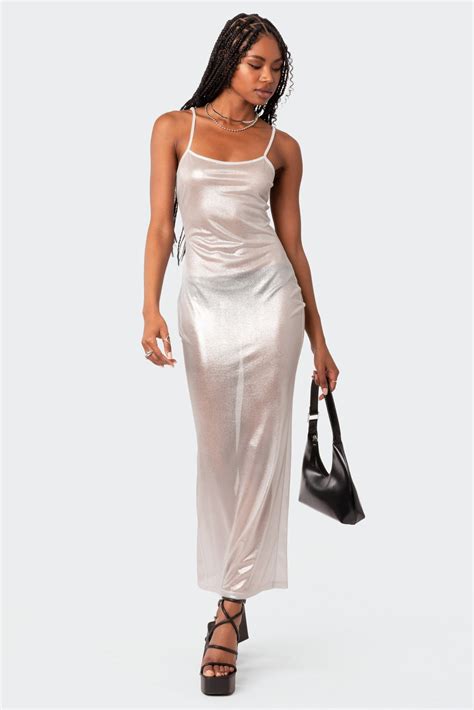 Nyla Sheer Glittery Back Slit Maxi Dress Edikted