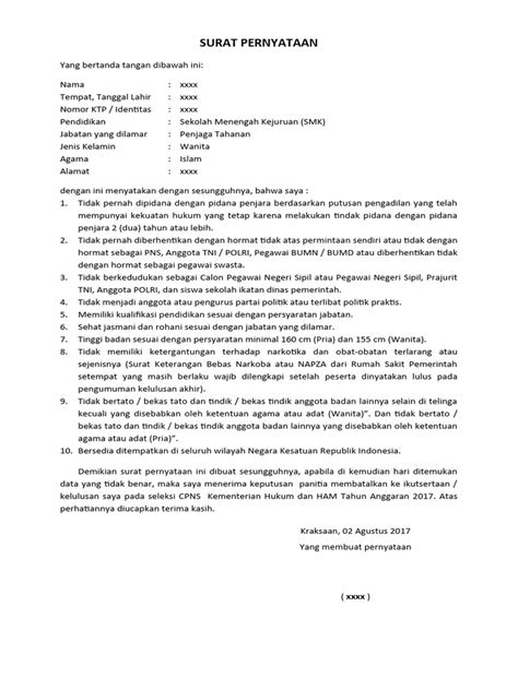 Surat Pernyataan Masuk Kemenkumham Pdf