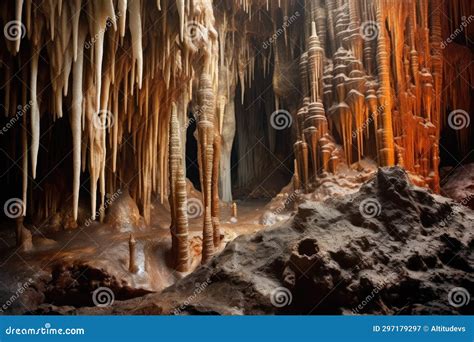 A Dimly Lit Cave With Stalactites And Stalagmites Stock Image Image