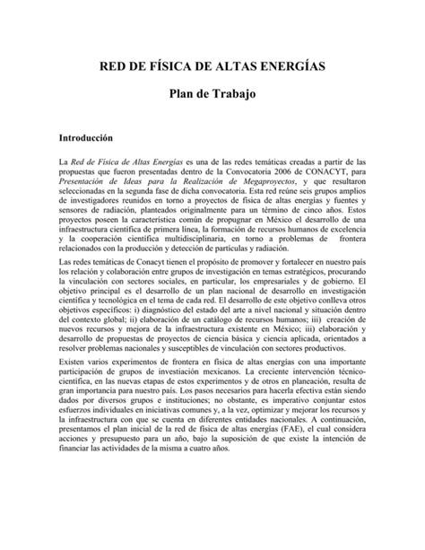 RED DE FÍSICA DE ALTAS ENERGÍAS Plan de Trabajo