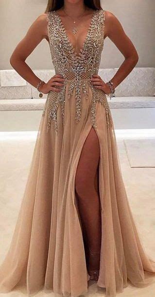 Champagne Prom Dresses Deep V Neck Prom Dress Sparkly Prom Dresses