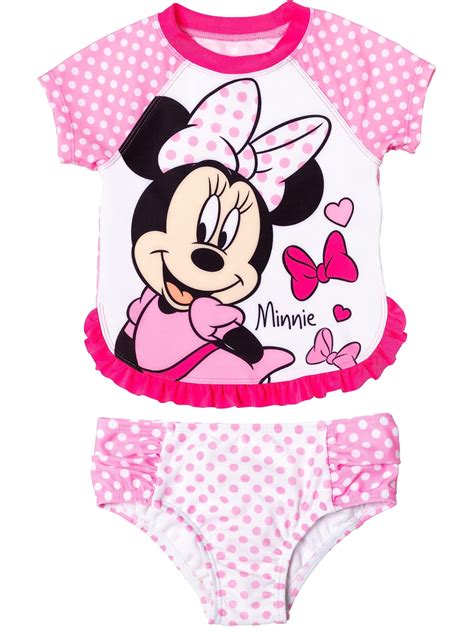 Disney Girls Minnie Mouse 2 Piece Rash Guard Swimsuit Set Sizes 2t 8