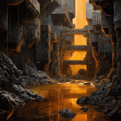 Premium AI Image | a painting of a cave with a yellow water surface and ...