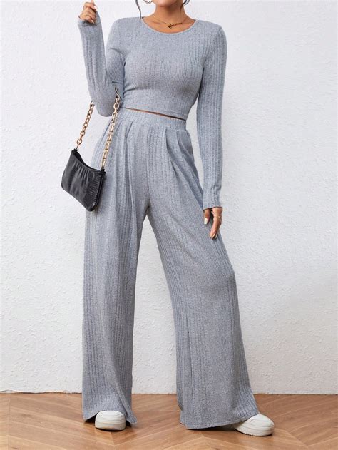 Shein Essnce Solid Crop Tee And Wide Leg Pants Shein Uk