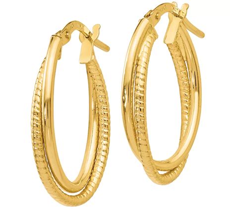 Italian Gold Polished And Textured Oval Hoop Earrings 14k