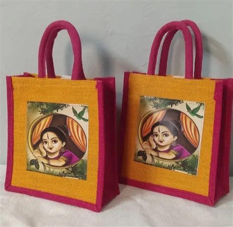 Printed Brown Jute Lunch Bags For Office Size Dimension 14 5 X 12 X