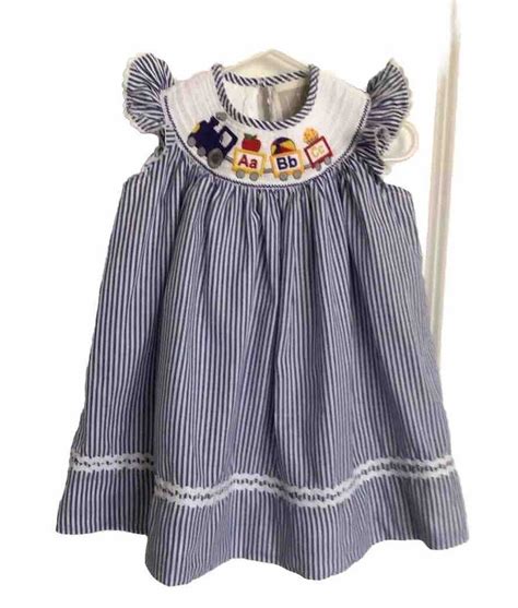 Lil Cactus Baby Girl Dress M Smock Abc Train Blue White Stripe