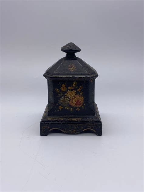 Victorian Black Japanned Floral Painted Octagonal Box And Cover