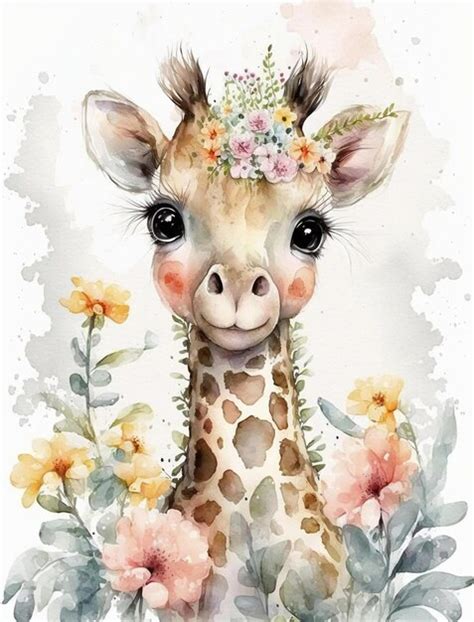 Premium Photo Watercolor Painting Of A Giraffe With A Flower Crown On