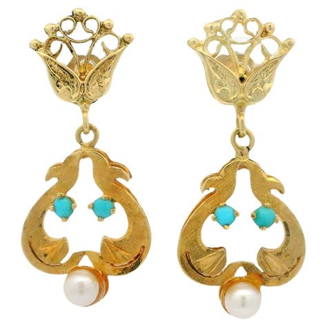 Victorian Turquoise Pearl Gold Dangle Earrings At 1stdibs