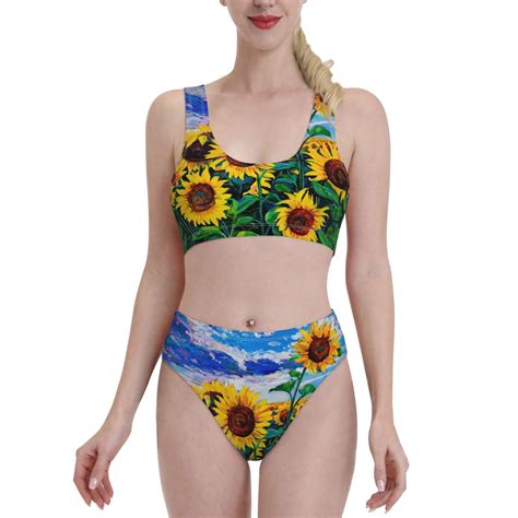 Lukts Women High Waisted Bikini Set Landscape With Sunflowers Swimsuit