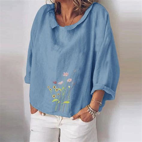 Cheap Cotton Linen Women Blouses Summer Long Sleeve Floral Print Blouse