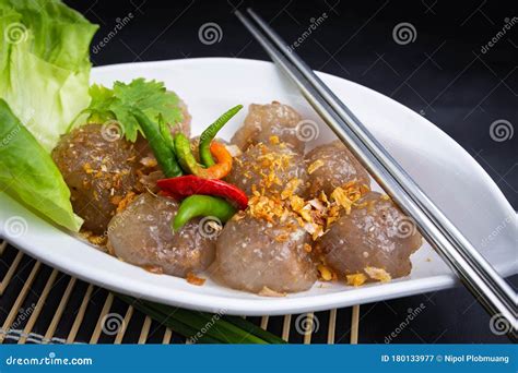 Thai Snack Sakoo Sai Moo or Steamed Tapioca Balls Filled with Pork ...