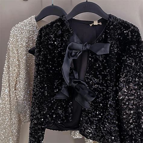 Chic Sparkling Sexy Womens Tie Front Bow Sequin Jacket New Texas Republic