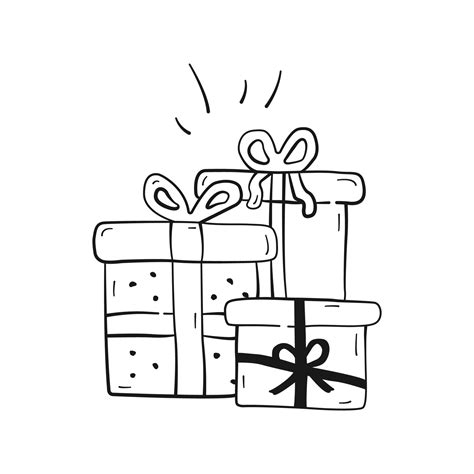 Doodle Gift Boxes With Ribbon And Bow Black Linear Hand Drawn Gift