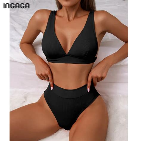 INGAGA Bikini acanalado de cintura alta para mujer traje de baño Sexy