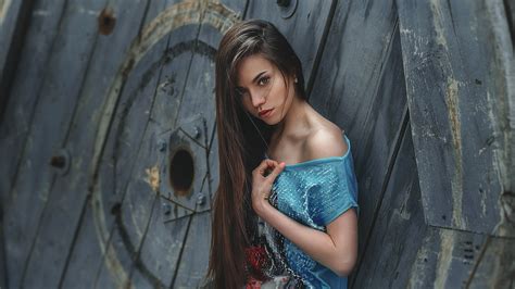 Women Brunette Brown Eyes Blue Shirt Looking At Viewer Sasha Ruskih