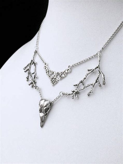 Bird Skull Necklace Goth Necklace Branch Necklace Silver Necklace