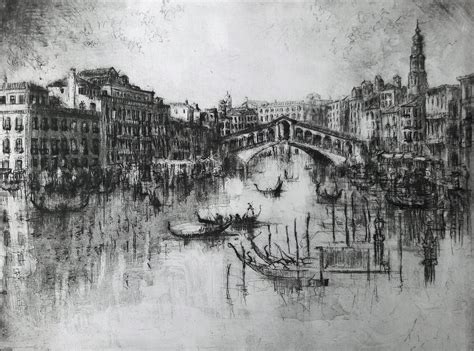 Michael Bond Etchings — The Rialto Bridge and Grand Canal, Venice, Italy