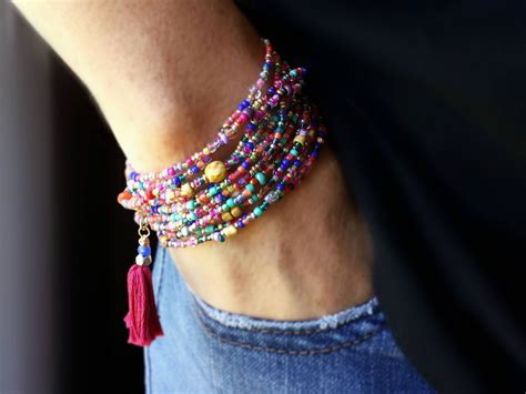 Fiesta Beaded Wrap Bracelet 87 Long Seed Bead Stretch