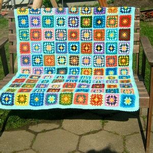 Granny Square Afghan Blanket Handmade Colorful Patchwork Crochet