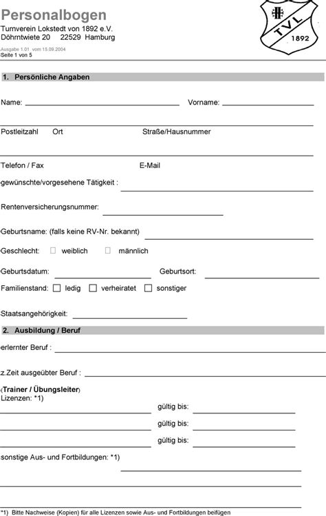 Personalbogen Turnverein Lokstedt von 1892 e v Döhrntwiete Hamburg 1