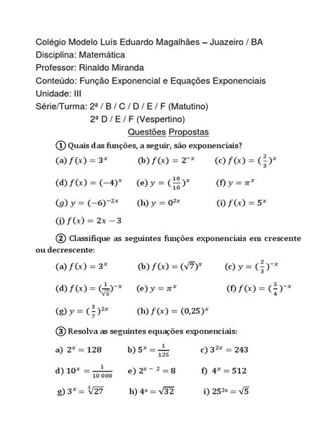 Funções Exponenciais E Equações Exponenciais Questões Resolvidas Pdf