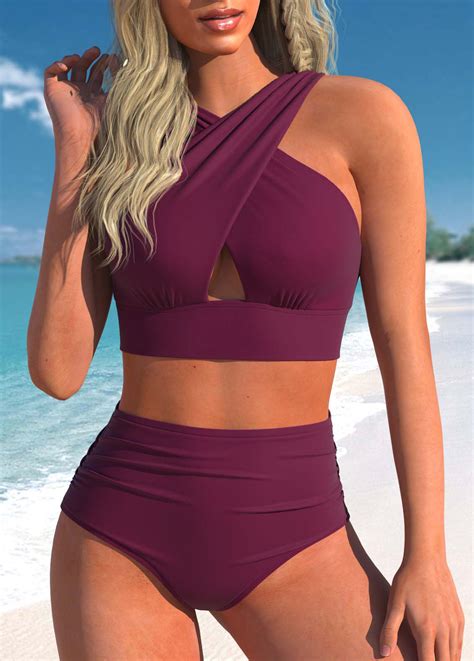 ROTITA Surplice Dark Reddish Purple High Waisted Bikini Set Rotita