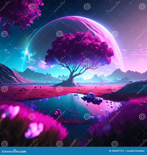 3d Render Of Fantasy Landscape With Tree Lake And Planet Generative Ai Stock Illustration