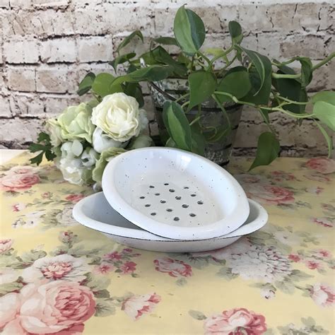 2 Pc Farmhouse Enamel Soap Dish White With Black Speckles Etsy