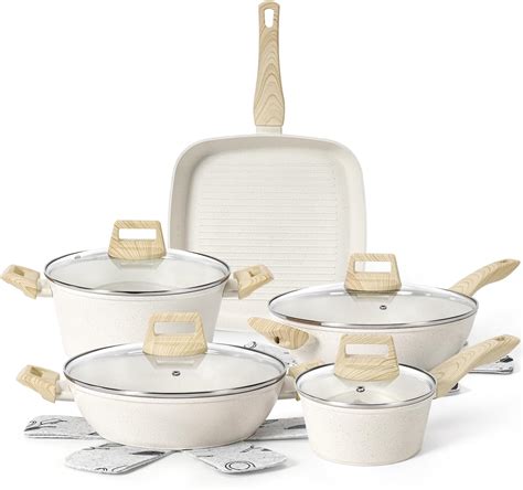 Amazon CAROTE 16 Piece Pots And Pans Set Nonstick White Granite