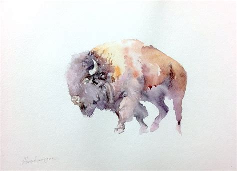 Bison Animal Watercolor Artwork Handmade Painting Illustration Wall