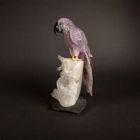 Carved Amethyst Parrot Mounted On An Rock Crystal Cluster H