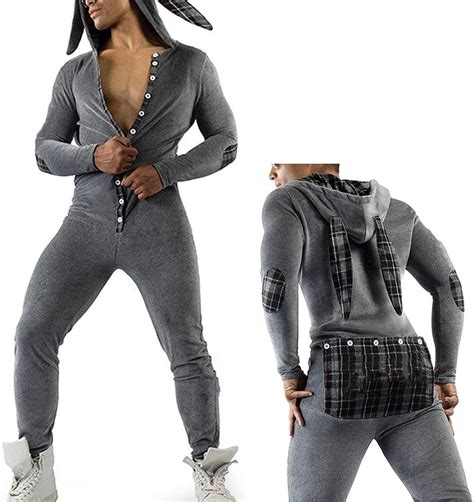 Mens Sexy Hoodie Pajamas Onesie Butt Flap Jumpsuit Long Sleeve Leotard One Piece Sleepwear