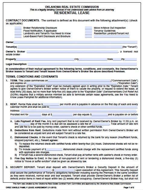 Free Oklahoma Standard One 1 Year Residential Lease Agreement Template Pdf Word