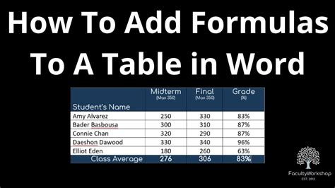 How To Add Formulas To A Table In Word Youtube