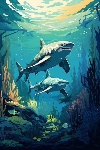 Premium Ai Image A Painting Of Sharks Swimming Under The Sea