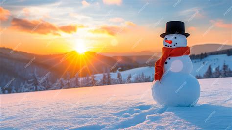 Premium Photo | Sunset View With Snowman in Mountainous Winter Landscape