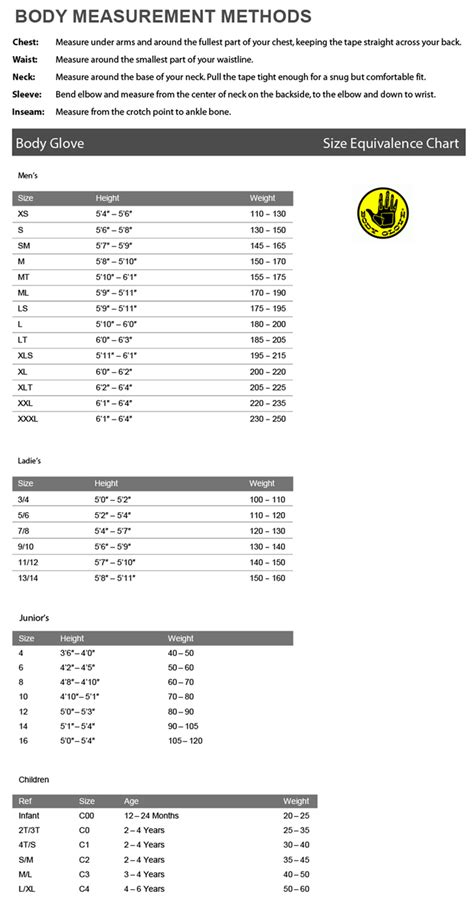 Body Glove Sizing Chart Amerasport