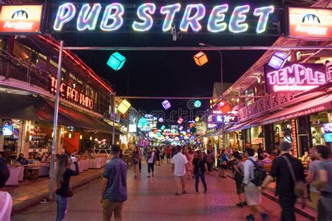 Illuminated Pub Street In Siem Reap On Cambodia Editorial Stock Photo