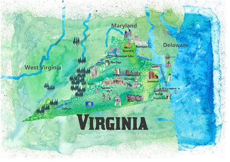 Usa Virginia State Travel Poster Map With Touristic Highlights Painting