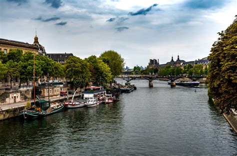 River Seine from Pont Neuf with Ships and Bridge Pont Des Arts in Paris ...