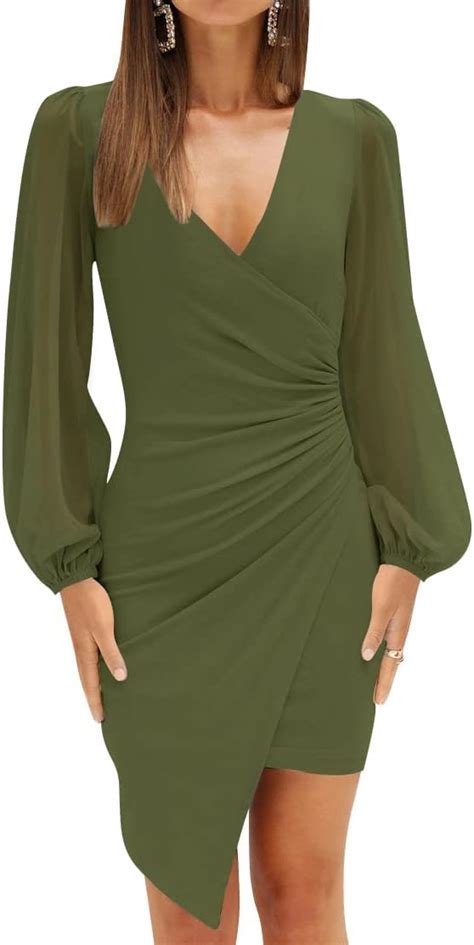 Zesica Women S Wrap V Neck Bodycon Mini Dress Puff Long Sleeve Ruched Asymmetrical