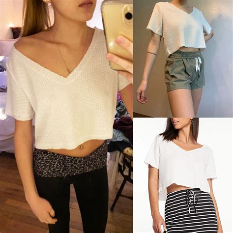 Semi Loose V Shape Waffle Knit Tee Crop Top Shirt 6a0218