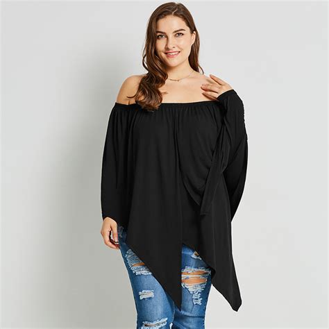 Women S Black Off Shoulder Long Sleeve Asymmetric T Shirt Plus Size N15455