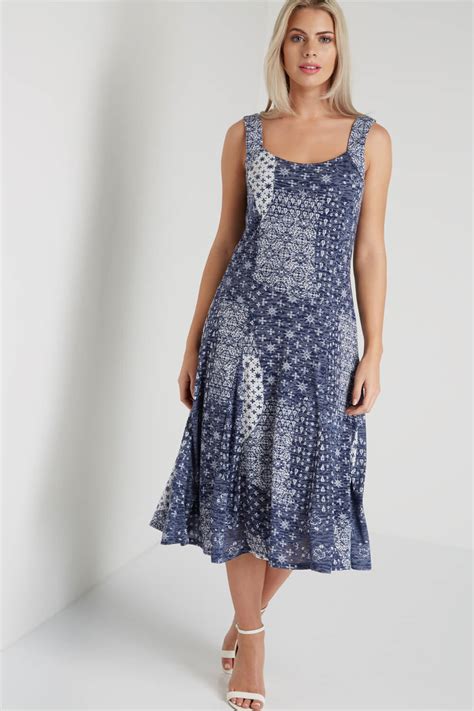 Patchwork Print Fit And Flare Dress In Blue Roman Originals Uk